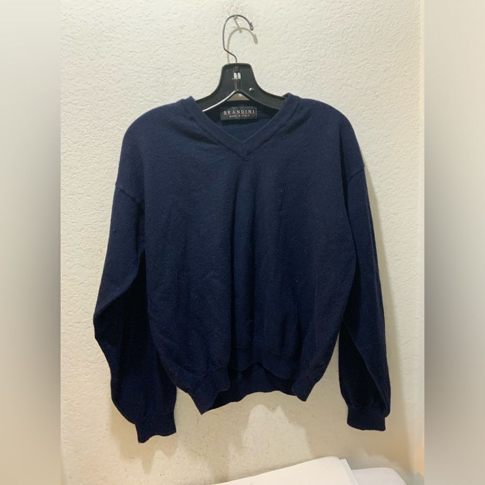 Vintage Brandini Blue 100% merino pure wool Pullover V Neck Sweater Italy